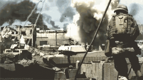 a soldier stands in front of a destroyed city with the words paladinpikachu tumblr visible