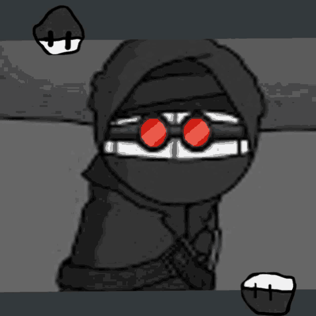 a cartoon character with red eyes and a hood