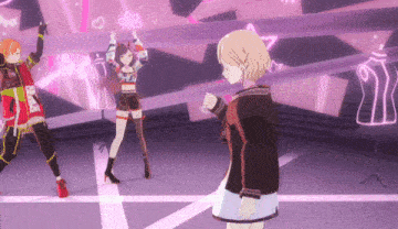 a girl in a black jacket is standing in front of two other girls