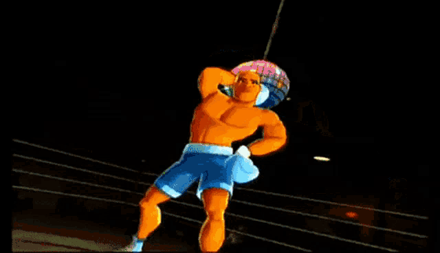 a cartoon of a man in a boxing ring with a disco ball behind him