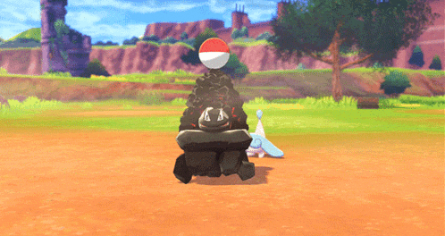 a video game character with a red white and black ball on top of it