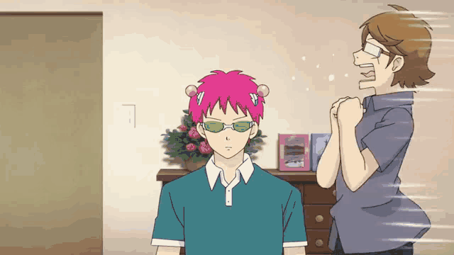a man with pink hair wearing green sunglasses stands next to a woman