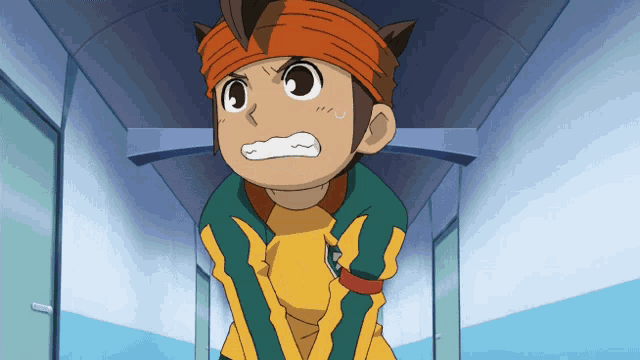 a cartoon character with a bandana on his head looks angry