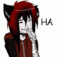 a pixel art drawing of a girl with red hair and green eyes says no
