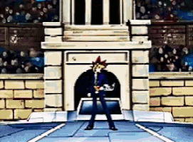 a cartoon character is standing in front of a brick building holding a sword