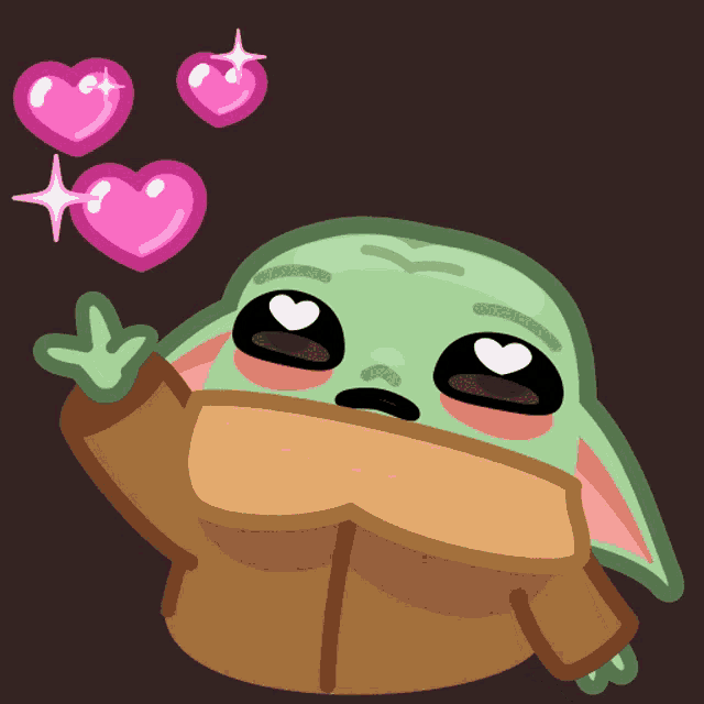 a cartoon drawing of a baby yoda with three pink hearts surrounding him