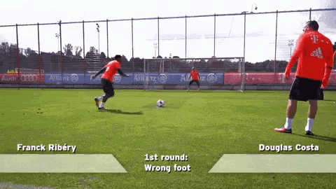 a soccer player is kicking a soccer ball on a field with the words wrong foot on the bottom