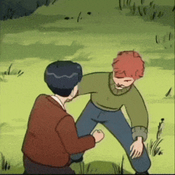 a cartoon of two boys fighting in a field .