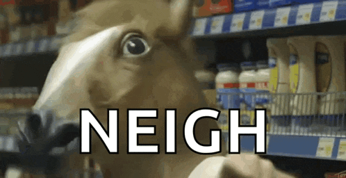 a stuffed animal in a store with the word neigh on it