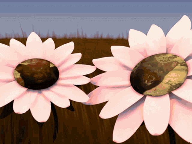 a painting of three pink daisies with a picture of the earth in the center