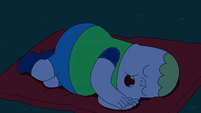a cartoon character is laying on a red pillow with his mouth open
