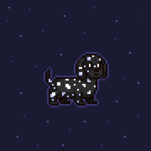 a pixel art of a black dog with white spots on it