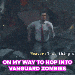 a man in a white shirt and red tie is running with the words on my way to hop into vanguard zombies behind him