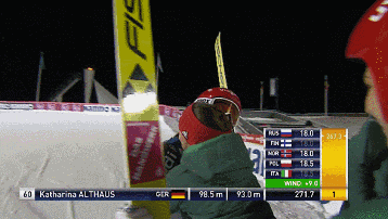 a person wearing goggles stands in front of a sign that says fis on it