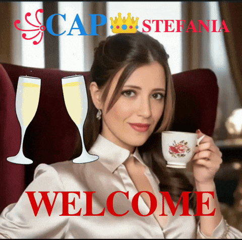 a woman sitting in a chair holding a cup of tea and two champagne flutes with the words welcome in red letters