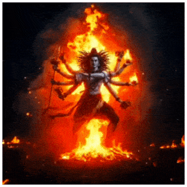 a painting of a man standing in front of a fire with many hands .