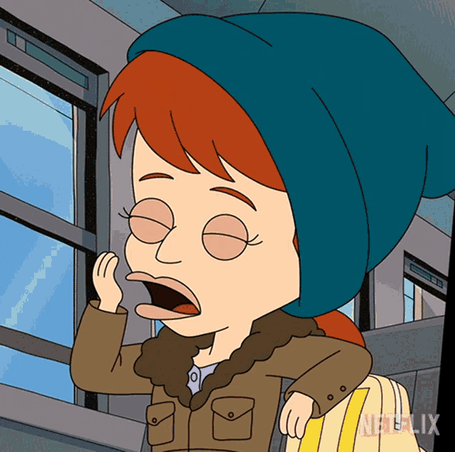 a cartoon of a woman wearing a beanie and a jacket with netflix written on the bottom