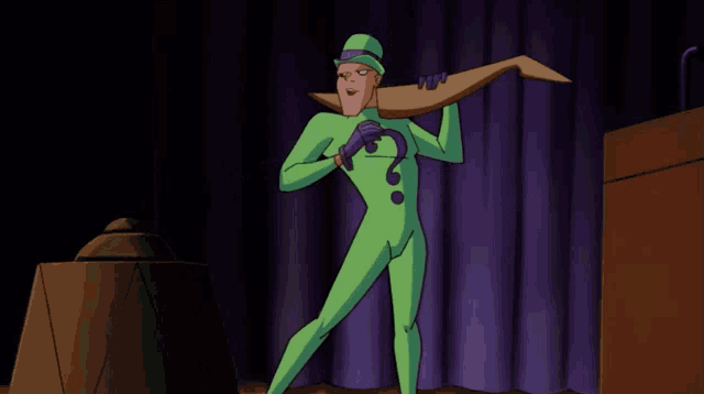 a cartoon character in a green suit is chained to a podium
