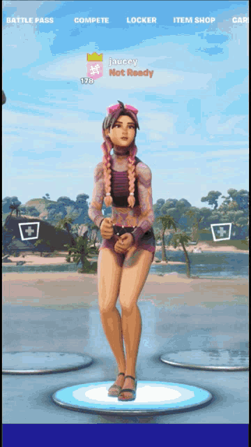 a girl in a bikini is dancing in a video game with the name jaucey not ready at the top