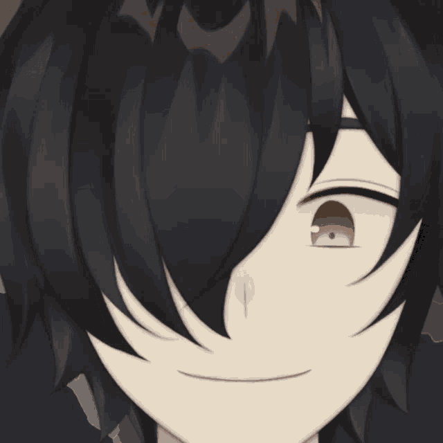 a close up of a person 's face with black hair and a red eye