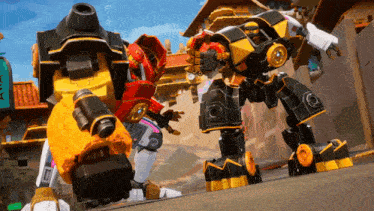 two robots are standing next to each other in front of a sign that says ' hk '