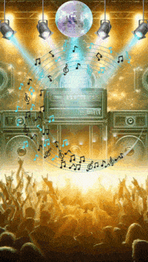 a crowd of people are dancing in front of a disco ball with music notes coming out of it
