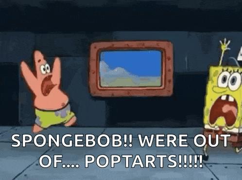 spongebob and patrick from spongebob squarepants are standing next to each other and talking about pop tarts .