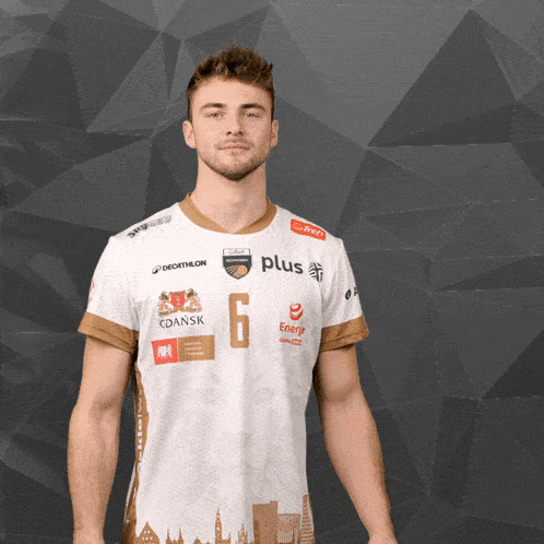 a man wearing a white shirt that says plus on it