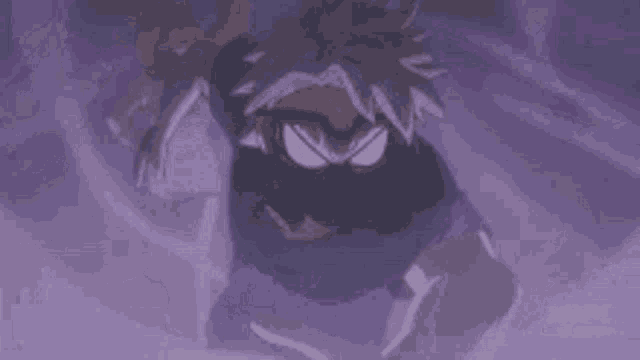 a cartoon character is running through a purple smokey area .