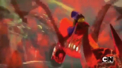 a lego character is riding on the back of a red monster .