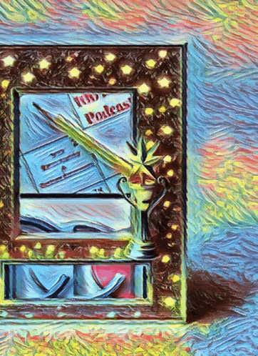 a painting of a trophy with the word podcas written on it
