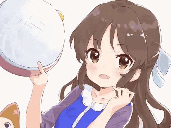 a girl in a blue dress holds a tambourine in her hand