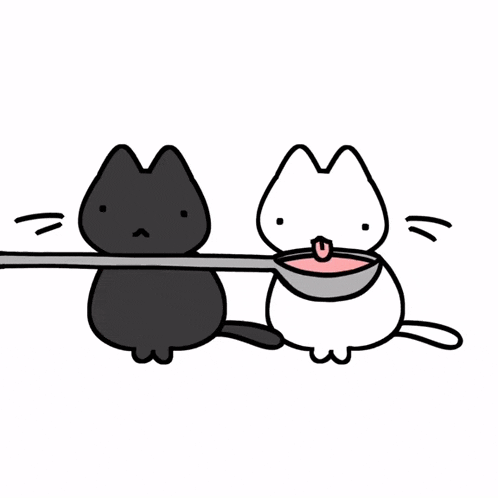 a black cat is holding a spoon over a white cat