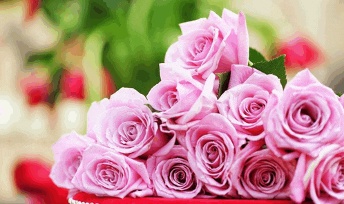 a bunch of pink roses are sitting on a table