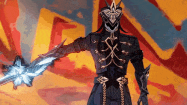 a man in armor is holding a sword in his right hand