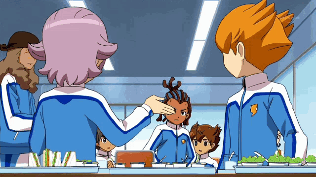 a group of cartoon characters are gathered around a table