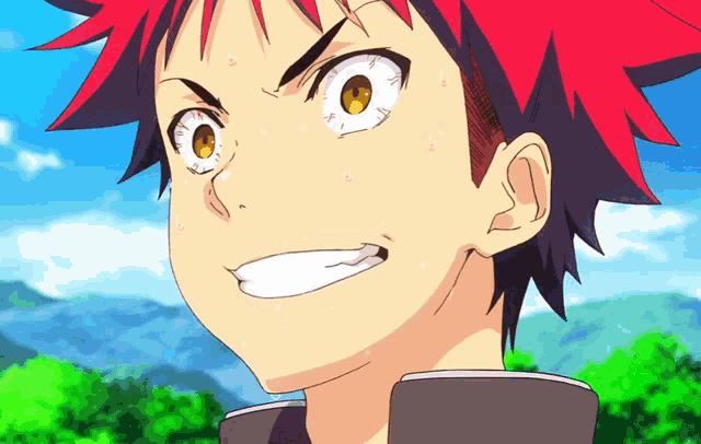 a close up of a cartoon character with red hair and yellow eyes