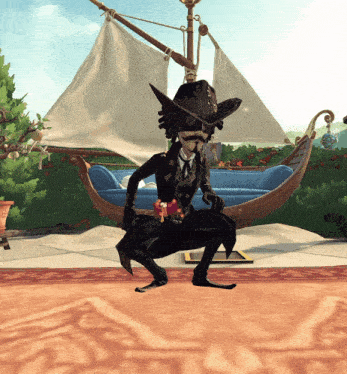 a cartoon character is squatting in front of a boat with sails