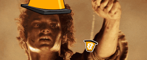 a man with a cone on his head is holding a cup with a dollar sign on it