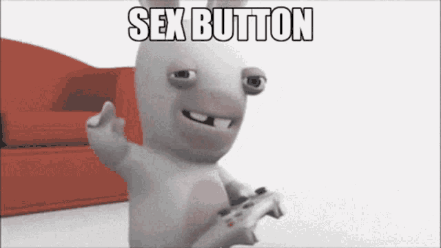 a cartoon rabbit is holding a video game controller and giving the middle finger in front of a red couch .