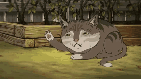 a cartoon cat is laying on the ground with a sad look on its face .