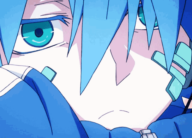 a close up of a blue haired anime character with green eyes
