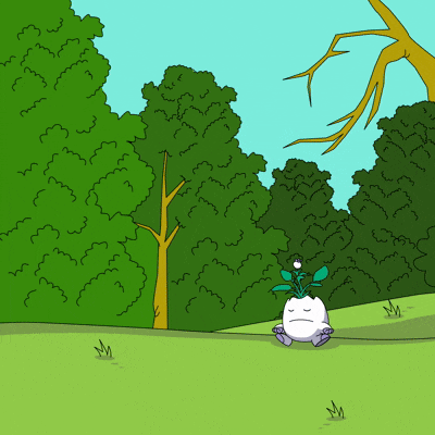 a cartoon drawing of a plant with a sad face in the middle of a forest