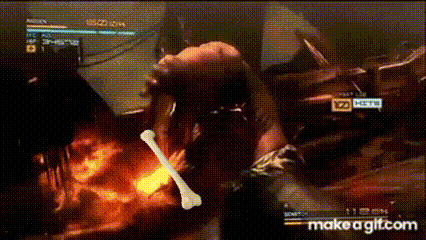 a video game scene with a bone sticking out of a person 's hand .