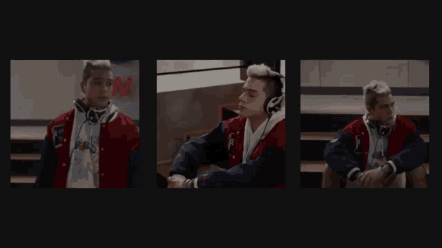 three pictures of a man wearing headphones and a varsity jacket with the letter n on it