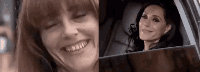 two women are smiling in a car and looking out the window .