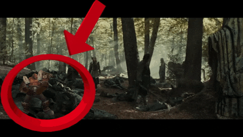 a red arrow points to a picture of a dwarven warrior in the woods