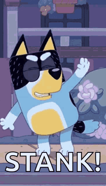 a cartoon dog wearing sunglasses is dancing with the words stank !