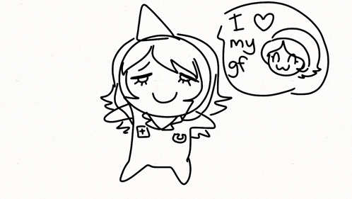 a black and white drawing of a girl with a speech bubble that says i love my gf .