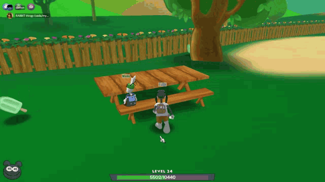 a cartoon rabbit is standing next to a wooden picnic table with a sign that says molly